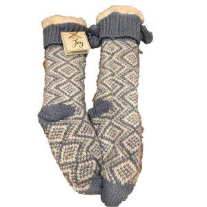 Joy Slipper Socks Grippers Gray Cable Knit Fur Lined Pom Poms One Size 5-10